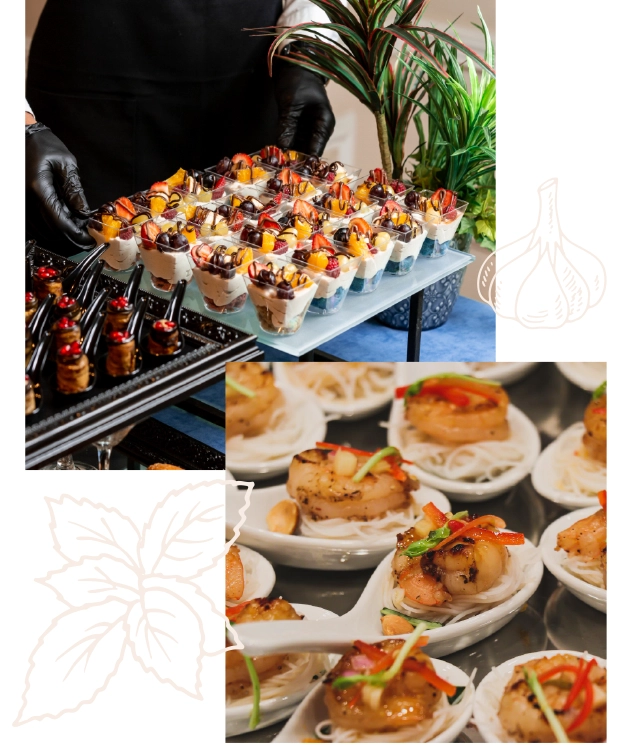 Catered appetizers and dessert parfait cups topped with fruit and sauces, arranged for an upscale event.