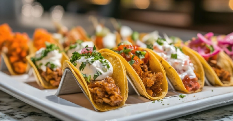 A row of freshly prepared mini street tacos filled with seasoned meat, herbs, and crema, served as a fun late-night snack for wedding guests.