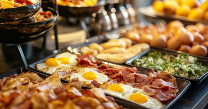 Breakfast catering spread featuring eggs, bacon, breakfast meats, and pastries for corporate meetings and morning events in Columbus Ohio.