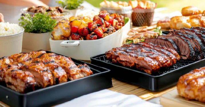 Cookout catering with grilled barbecue meats, classic sides, and outdoor-style food perfect for company picnics and casual events in Columbus Ohio