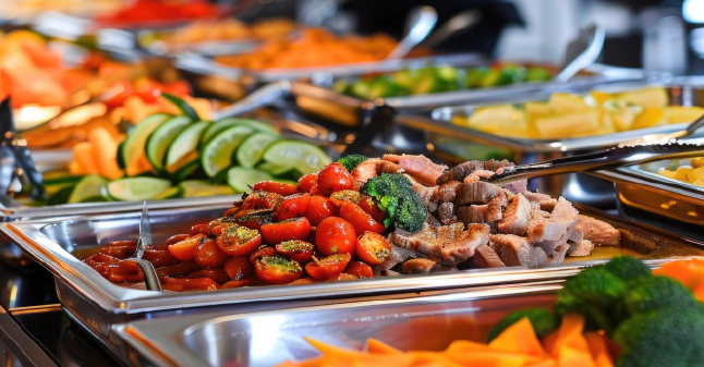 Full buffet catering setup with hot entrees, vegetables, and sides for a graduation party, offering guests a variety of menu options in Columbus