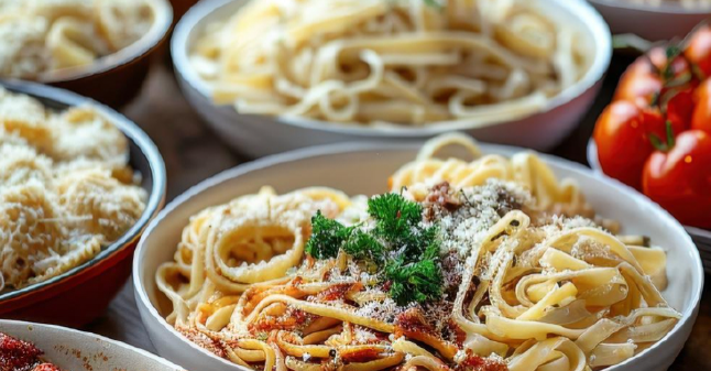 Themed station graduation party menu featuring pasta and customizable food options, designed to encourage guest interaction at Columbus celebrations