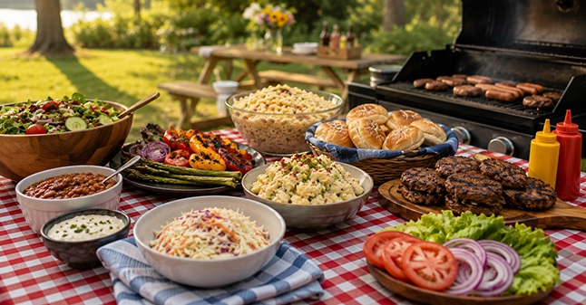 Outdoor wedding catering display with assorted appetizers and hors d'oeuvres arranged for guests in Powell, Ohio.