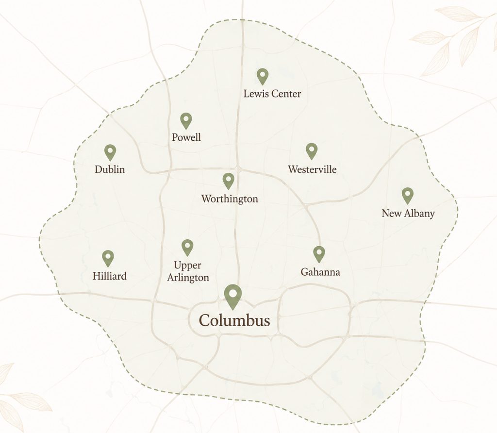 Event Thyme Catering service map showing areas in Columbus that are available.