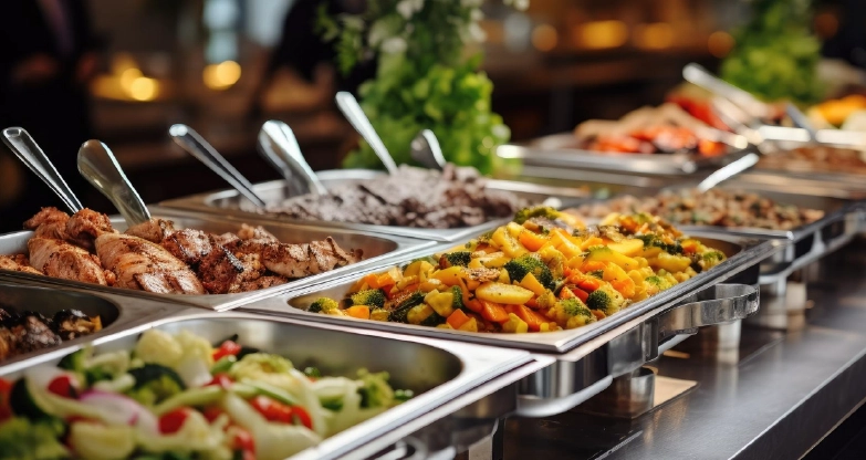 Corporate event catering buffet with grilled chicken, vegetables, salads, and sides for business gatherings in Powell, Ohio.