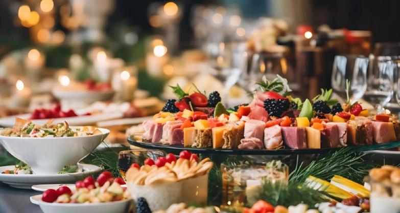 Elegant holiday party catering spread with meats, cheeses, fruit, appetizers, and festive dishes for a catered celebration.